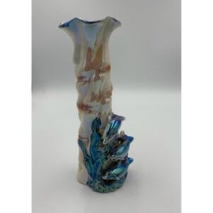 Vintage‎ Iridescent Dolphin Vase B16601 Ocean Scene Sea Life Ceramic 8" Tall